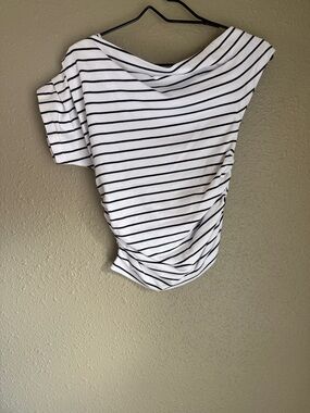 LOFT White and Black Striped Boatneck Short Sleeve Top